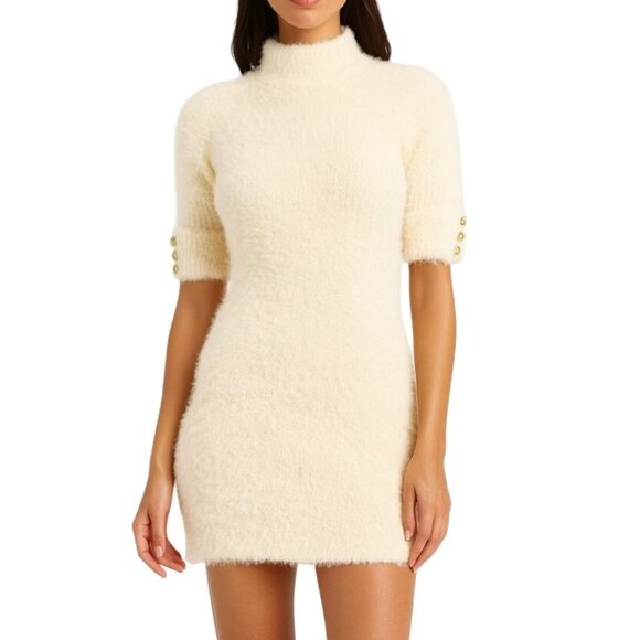 JoyinJoy Cream Fuzzy Knit Bodycon Mini Sweater Dress Mock Neck Gold Button S/M - Picture 1 of 11